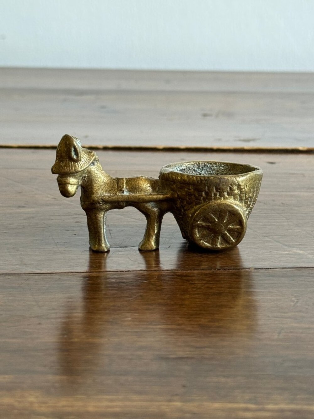 Vintage Brass Donkey Pulling Cart with Holder Figurine